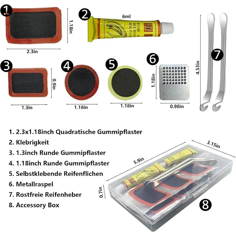 Bike Tire Repair Kit - Essential Tool for Cyclists with Patches, Metal Rasps, Tire Levers & Glue for On-the-Go Repairs