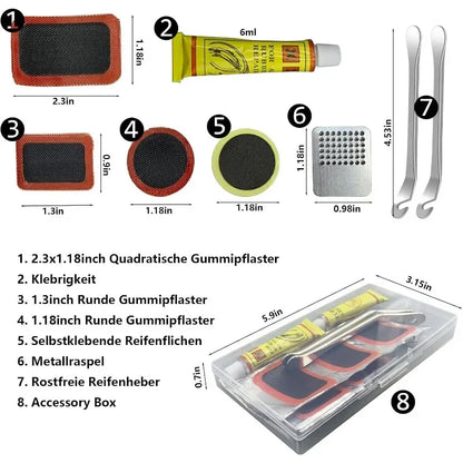 Bike Tire Repair Kit - Essential Tool for Cyclists with Patches, Metal Rasps, Tire Levers & Glue for On-the-Go Repairs