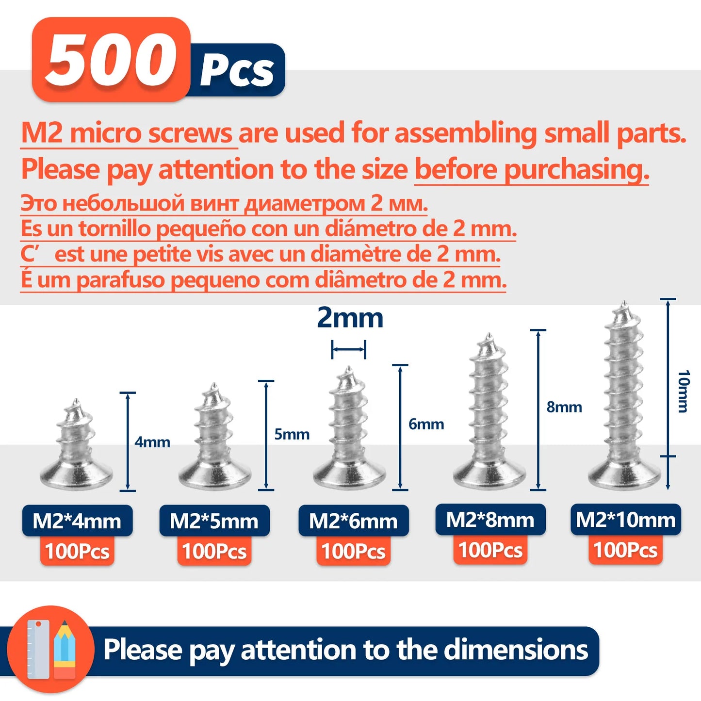 500pcs Mini M2 Self Tapping Screws Phillips Flat Head Alloy Steel Assortment Kit 5 Sizes Cross Drive DIY Set for Electronics