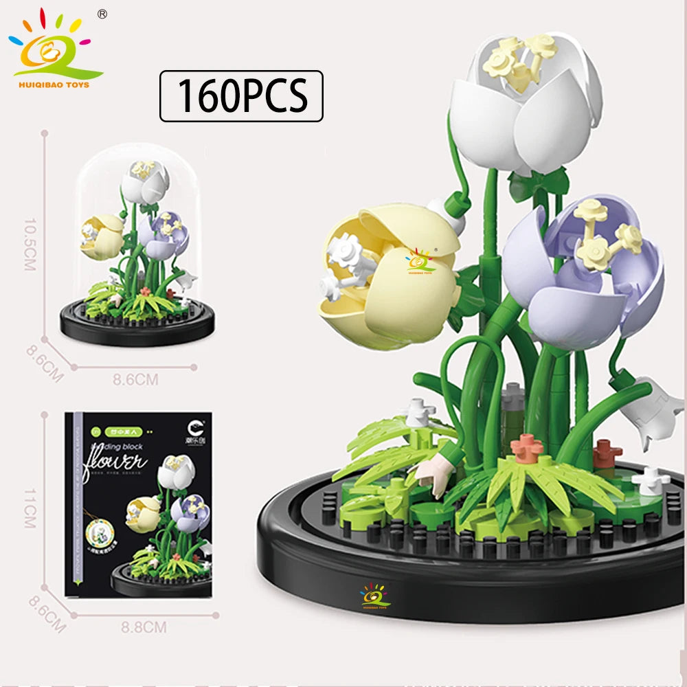 HUIQIBAO MOC Eternal Bouquet Display Box Micro Building Blocks Flower Model DIY Home Desk Plant Decoration Brick Toy For Childre