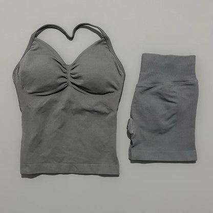 Yoga 2 Pieces Gym Set Women Backless Halter Tops High Waist Seamless Shorts Gym Suit Fitness Sports Bras Sportswear Workout Sets