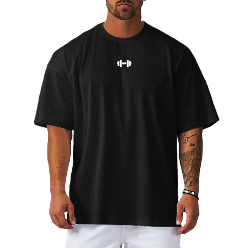 Oversized Loose Short Sleeve Quick Dry Shirt Gym Bodybuilding Breathable Cool Mesh Clothing Mens Fitness Workout Muscle T-shirts