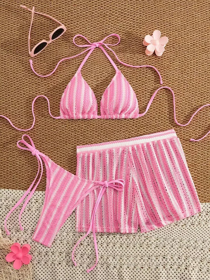 2026 new style boxer shorts mesh three-piece women's swimsuit neck lace-up bikini set