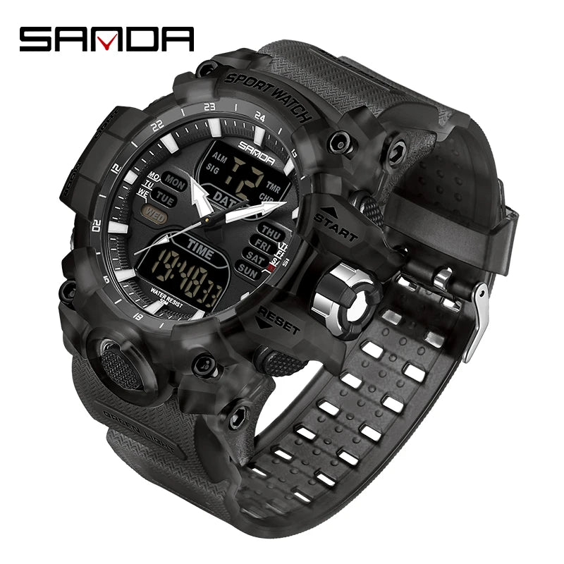 SANDA Outdoor Sports Military Mens Watch LED Digital Electron Quartz Male Wristwatch Dual Display Clock Men Relogio Masculino
