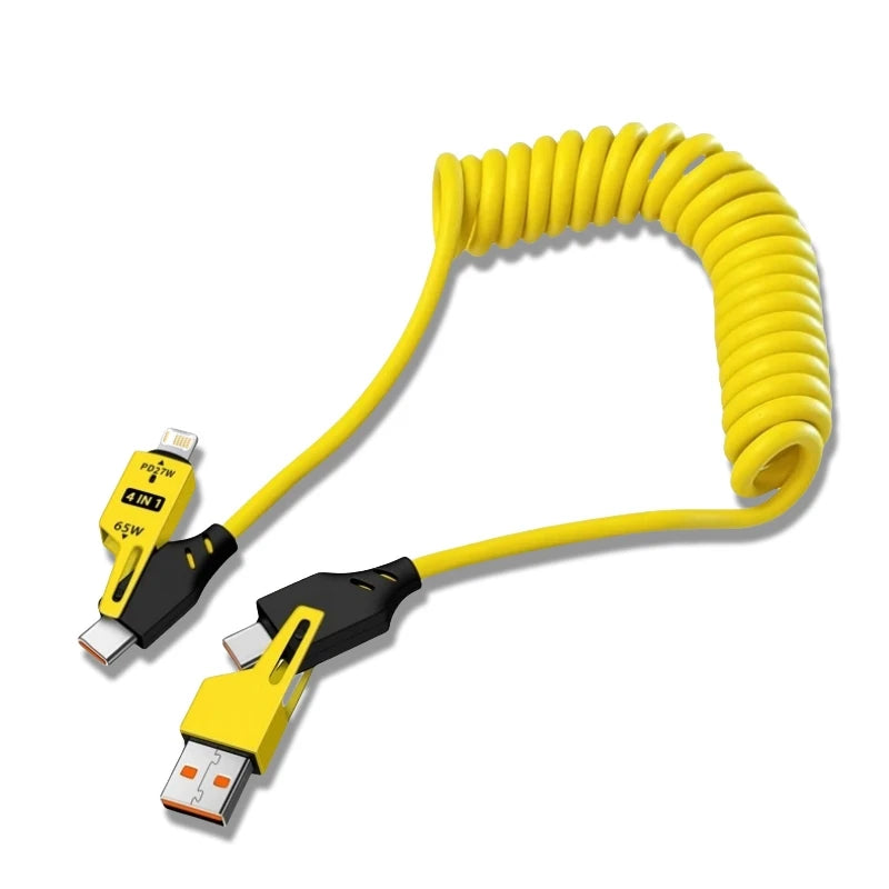 4 in 1 65W Spring Short Data Cable 6A USB Type C Spring Telescopic Quick Charger Wire Spring USB Cable for iPhone 15 14 13 12