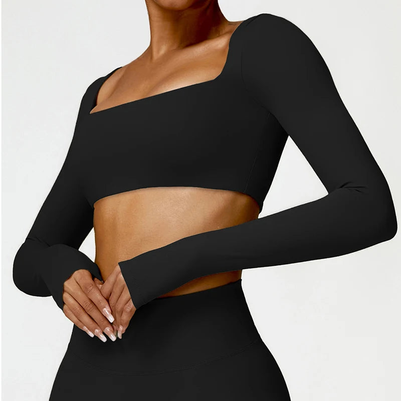 Hearuisavy Summer Casual Quick Dry Sportswear Women Square Neck Gym Top Women Fitness Sports Crop Top Long Sleeve Yoga Clothing