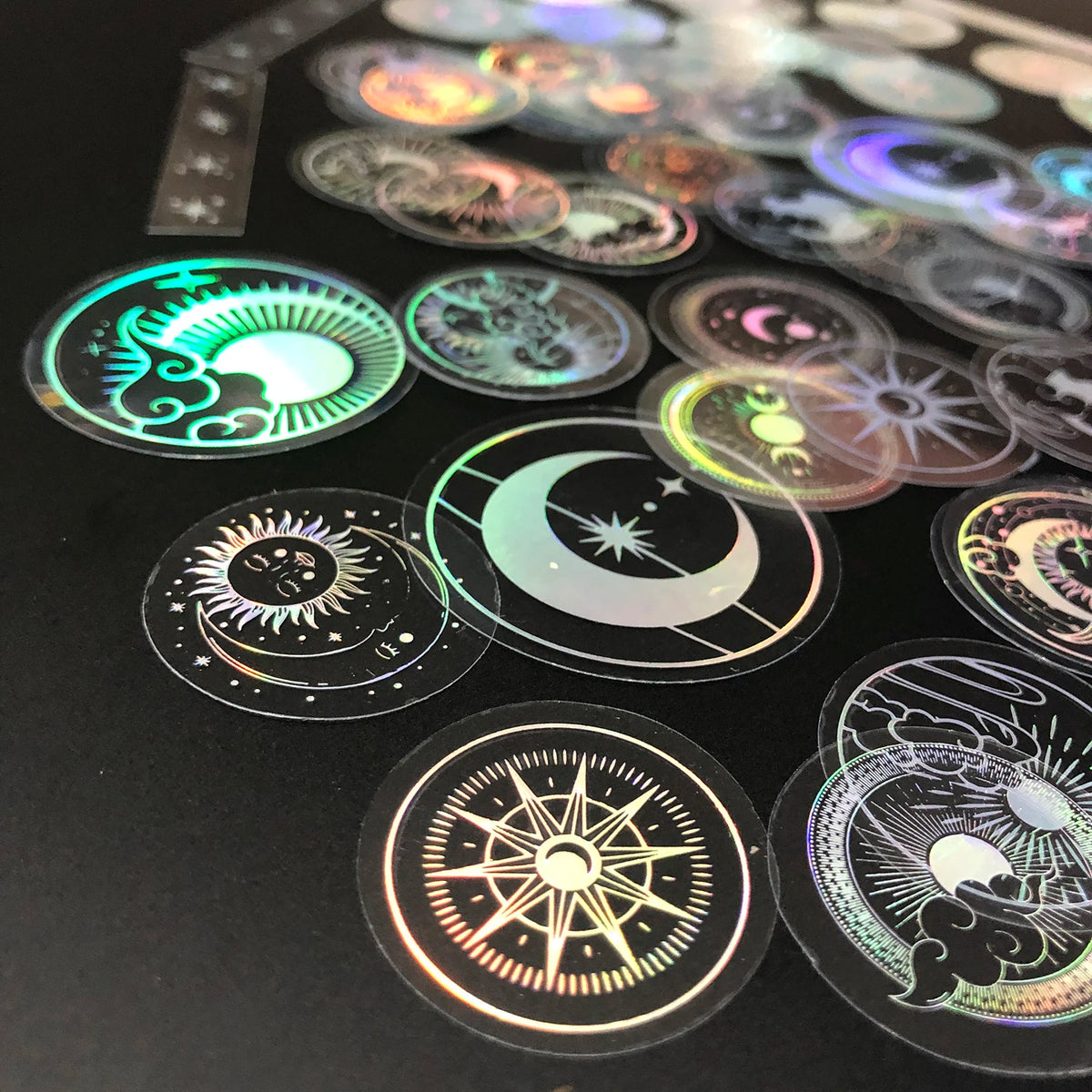 70 pcs PET Adhesive Stickers Waterproof Transparent Laser Silver Stickers Label: SUN MOON Stars Etc