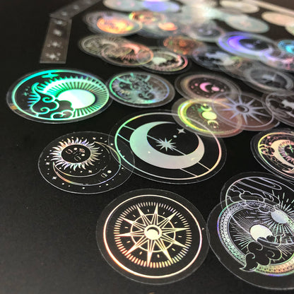 70 pcs PET Adhesive Stickers Waterproof Transparent Laser Silver Stickers Label: SUN MOON Stars Etc