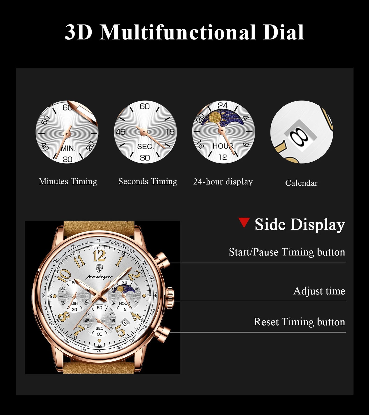 POEDAGAR Luxury Sports Men Watch Waterproof Luminous Leather Quartz Man Wristwatch Chronograph Date Military Men's Watches Reloj