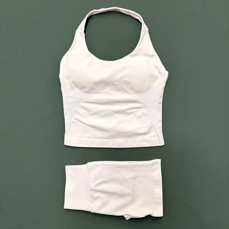 2 Pieces Shorts Yoga Set Women Backless Halter Tops High Waist Seamless Shorts Gym Suit Fitness Sportswear Workout Sets