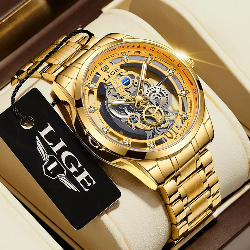 Original LIGE Men Watch Gold Stainless Steel Hollow Skeleton Quartz Watches for Men Fashion Military Waterproof Men Wristwatch