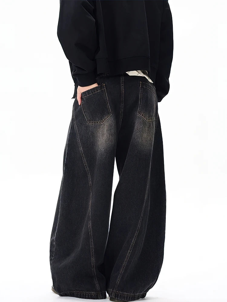 Vintage-Wash Curved-Leg Baggy Jeans