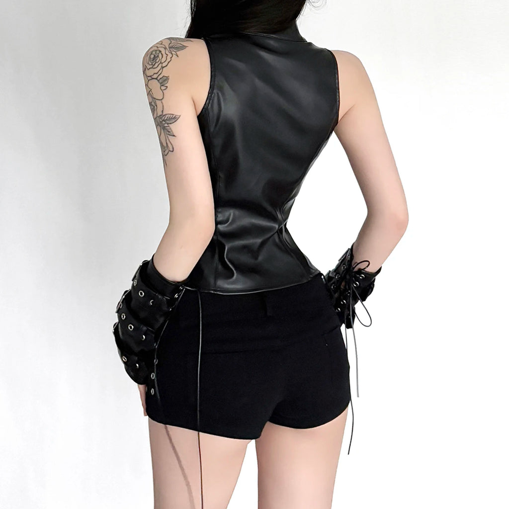 Faux-Leather Turtleneck Top and Sleeve-Cover Options