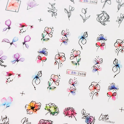 12 Pcs Summer Ink Blooming Flowers Nail Art Stickers, Water Decal Leaves Graffiti Slider Nail Decoration