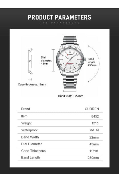 CURREN 8452 Men Quartz Watch Simple Fashion Leisure Business Clock Black Silvery Stainless Steel Strap Wristwatch for Male