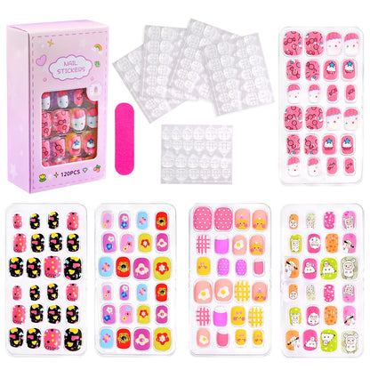 120Pcs/Box Cartoon Gril Princess Children Press On Nails 6-14Years Kawaii Cat/Flowers/Rainbow Nail Tips With Jelly Gel Girl Gift
