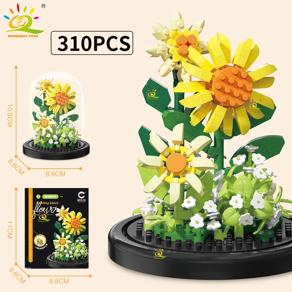 HUIQIBAO MOC Eternal Bouquet Display Box Micro Building Blocks Flower Model DIY Home Desk Plant Decoration Brick Toy For Childre