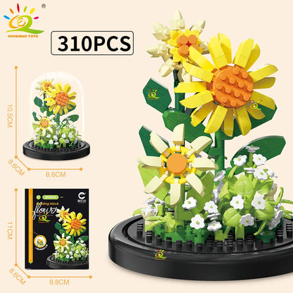 HUIQIBAO MOC Eternal Bouquet Display Box Micro Building Blocks Flower Model DIY Home Desk Plant Decoration Brick Toy For Childre