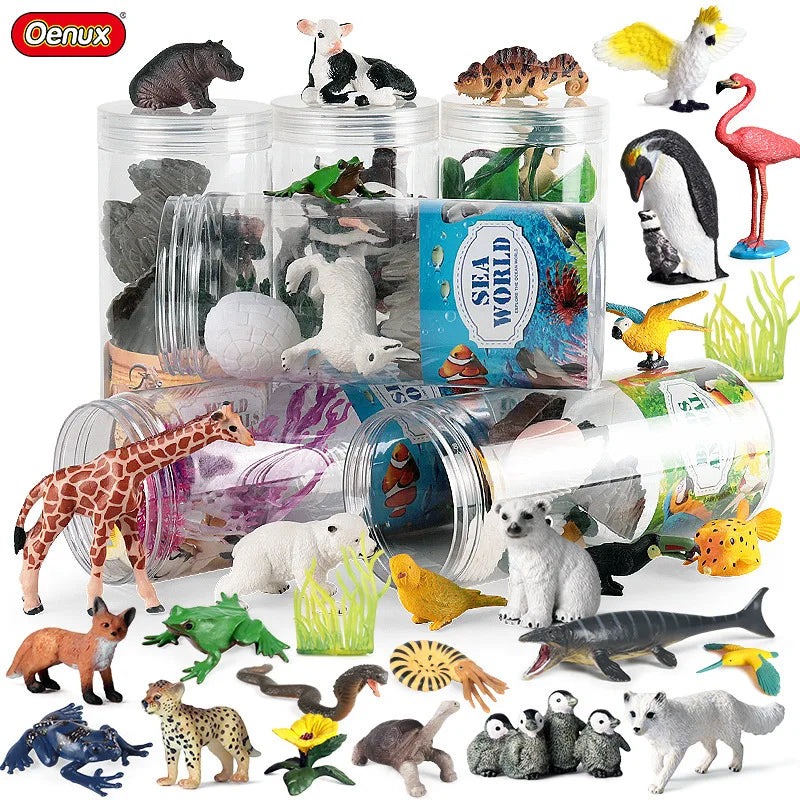 Oenux Miniature Animals Set Wild Sealife Farm Dinosaur Brinquedo Figurine Model Action Figures Zoo Cute Education Kids Toy Gift