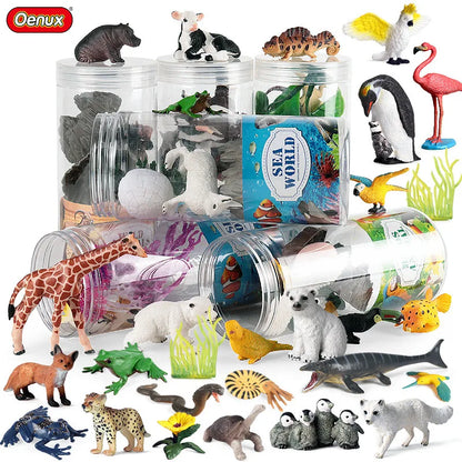 Oenux Miniature Animals Set Wild Sealife Farm Dinosaur Brinquedo Figurine Model Action Figures Zoo Cute Education Kids Toy Gift