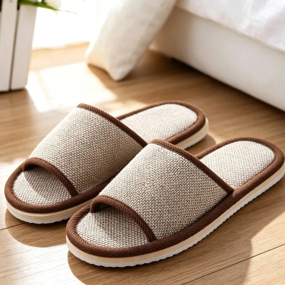 Linen Open Toe House Slippers for Women Men Breathable Flax Indoor Slip On Slides Lightweight Cozy Slippers Casual Floor Shoes