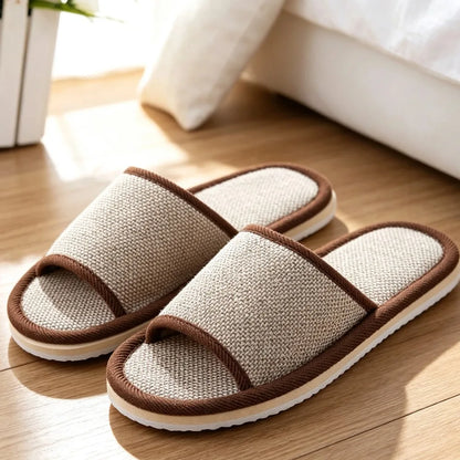 Linen Open Toe House Slippers for Women Men Breathable Flax Indoor Slip On Slides Lightweight Cozy Slippers Casual Floor Shoes