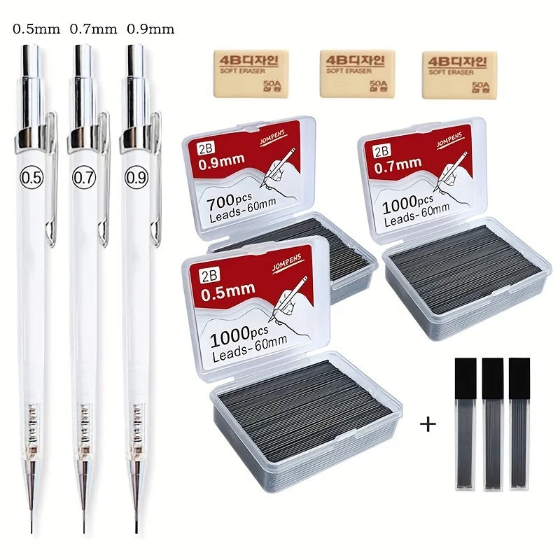 Transparent Mechanical Pencils 0.5 0.7 0.9mm with Lead 2B 60mm Art Drawing Automatic Pencil Replaceable Refills with 2 Tubes