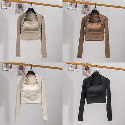 Fitness Chest Cushion Sports Top Women Long Sleeve Shirts Pra Speed Up Short Elegant Dance Yoga Clothes Small Waistband Gym