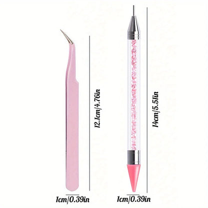 2Pcs set of manicure double-ended diamond pens with crayons stainless steel tweezers nail art grafting eyelashes manicure tools