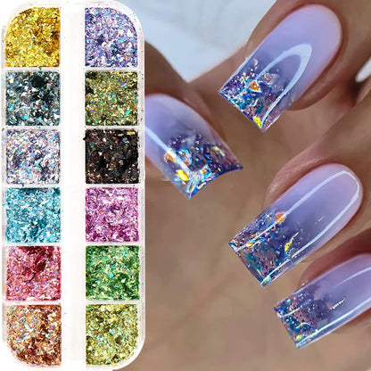 12 Grids Holographic Glitter Nail Art Sequins Sparkly Irregular Nail Flakes Powder Nail Art Mermaid Makeup Manicure Decorations