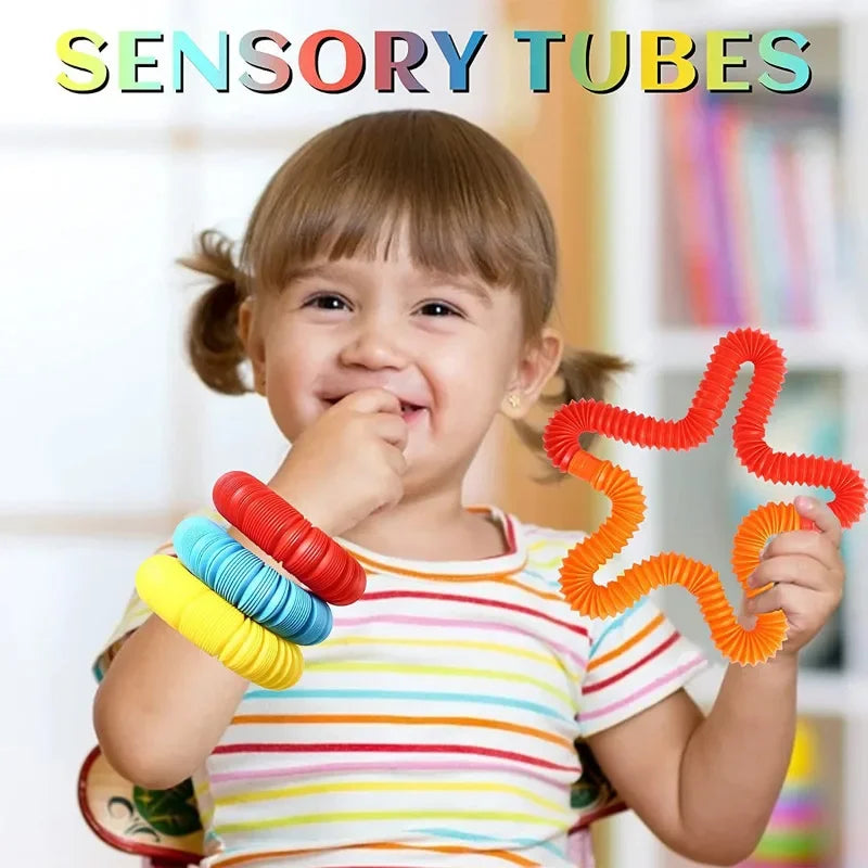 6 Pcs/Pack Pop Tubes Sensory Toys Fidget Pop Tube Stress Relief Decompression Finger Toy Telescopic Tube for Kids Teenager Gifts