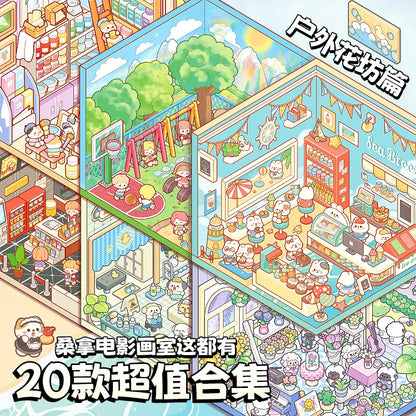 Mr Paper 45Pcs Scenes Cartoon Landscape Sticker Book Forest Village DIY 3D Sticker Cabin Scene Pocket Birthday Gift For Planner