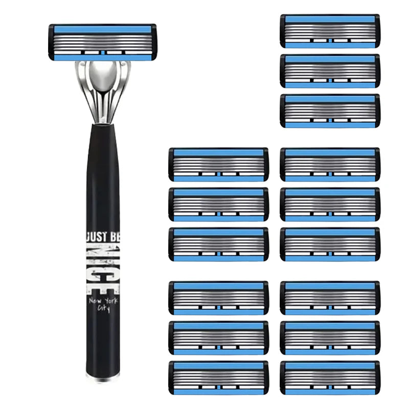Men's 6-Blade Manual Razor with Non-Slip Handle and Multiple Replacement Blades - Ideal for Trimming Beards and Mustaches