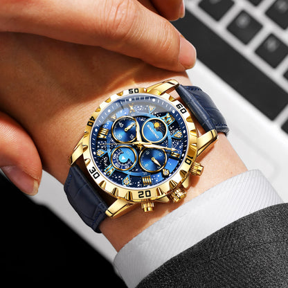 BINBOND Genuine accurate quartz wristwatches for men luxury luminous waterproof chronograph leather strap men's watch reloj