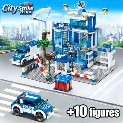 City police station building block group boy DIY car brick police station model building children's educational toy gift