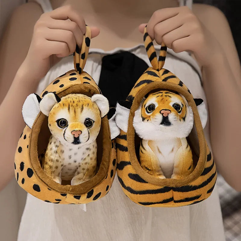 Lifelike Baby Tiger Lion Leopard Plush Toy Stuffed Soft Wild Animal Forest With Nest House Pillow Doll Baby Kids Birthday Gift