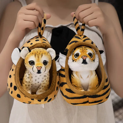 Lifelike Baby Tiger Lion Leopard Plush Toy Stuffed Soft Wild Animal Forest With Nest House Pillow Doll Baby Kids Birthday Gift