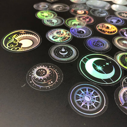 70 pcs PET Adhesive Stickers Waterproof Transparent Laser Silver Stickers Label: SUN MOON Stars Etc