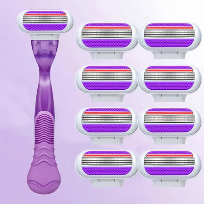 Women Razor 1 Handle 3 Layer Cartridges Stainless Steel Blade Rubber Handle Reusable Body Hair Remove Razor Blade