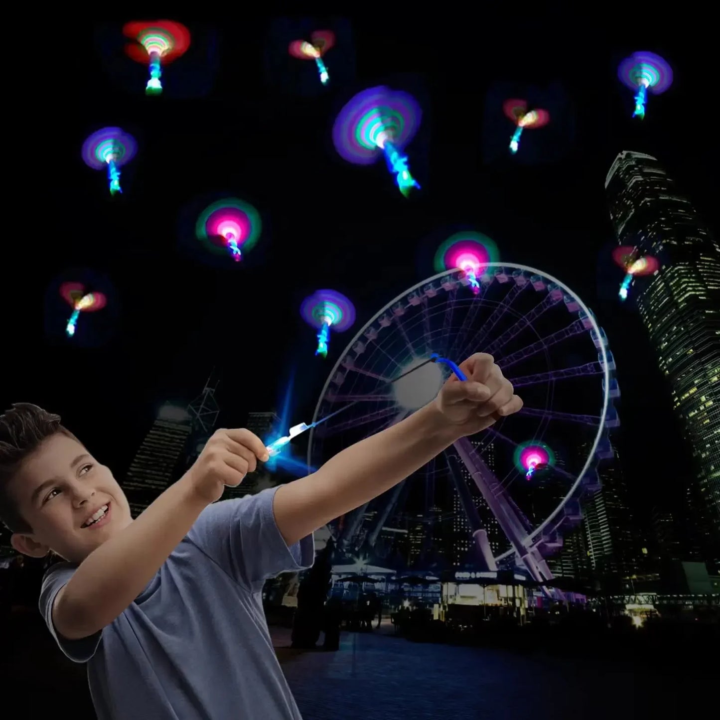 Outdoor Flash Rocket toy LED Lights Glowing Slingshot Rocket Helicopter Flying Toy kid's Party Fun Gift Rubber Band Ejector Toys