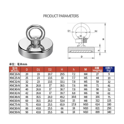 Super Strong Neodymium Fishing magnet Hooks N52 Heavy Duty magnet with Countersunk Hole Eyebolt 16-42mm Salvage Searcher Magnets