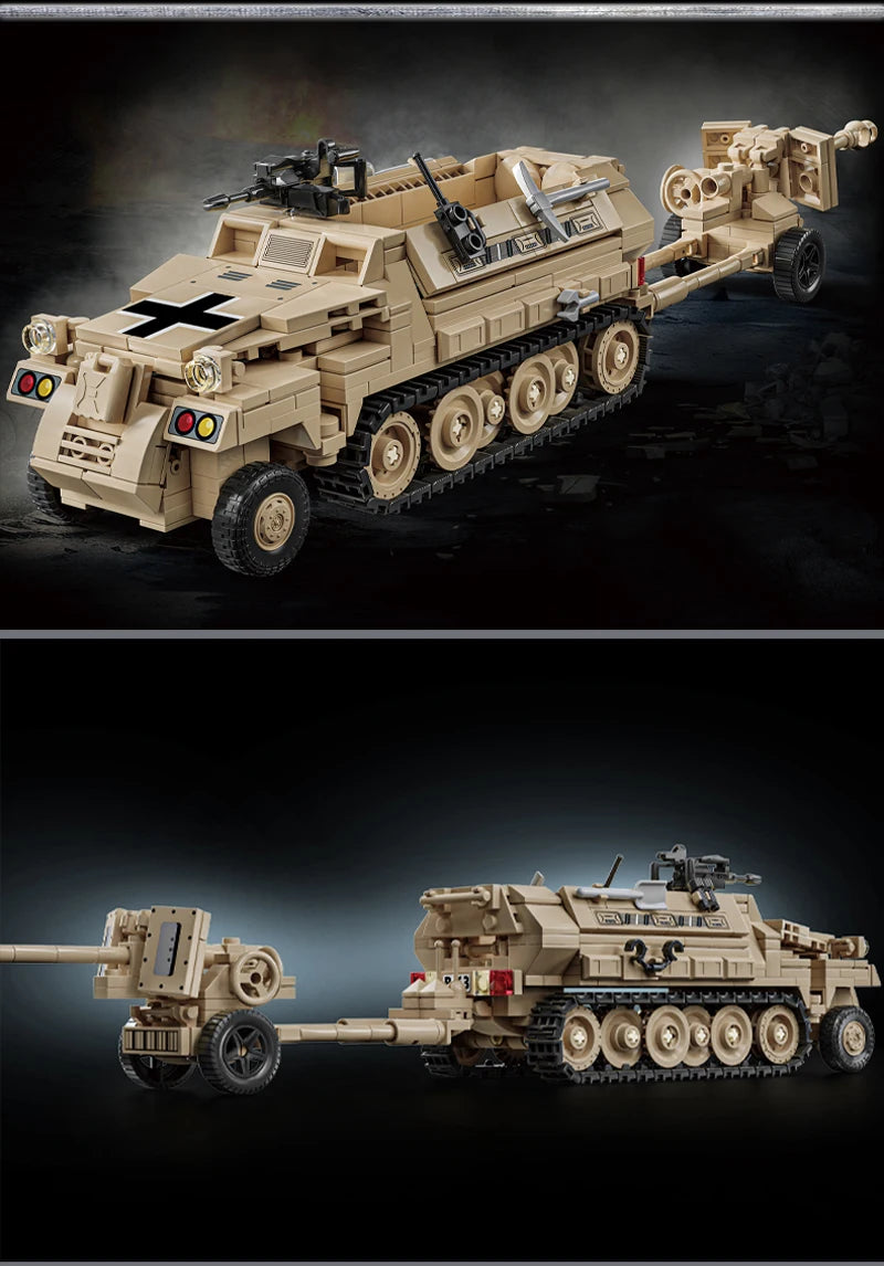 World War 2 WW2 Army Military Soldiers SWAT Half Tracked Armor Vehicle Trailer Assemble Building Blocks Bricks Children's Toys