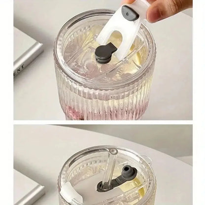 600ml Stripe Glass Cup with Lid and Straw Transparent Drinking Glasses for Juice Water and Iced Coffee Cups Mug Drinkware