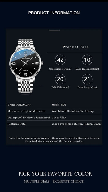 POEDAGAR Luxury Sports Men's Wristwatch Stainless Steel Waterproof Date Man Watch High Quality Casual Fashion Quartz Men Watches