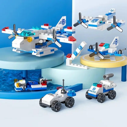 Mini size 6 In 1 Building Blocks DIY Police Car Fire Truck Castle Model Bricks Kids Educational Toys Gifts