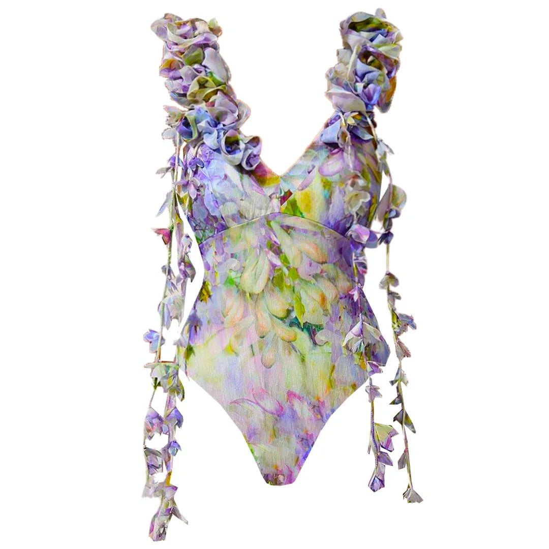 Blue One-Shoulder Ruffled Print Floral Swimsuit Set Cover Up Single Piece Micro Monokini Sexy Swimwear For Girls Summer Beach