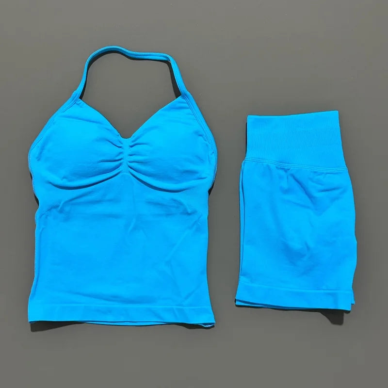 Yoga 2 Pieces Gym Set Women Backless Halter Tops High Waist Seamless Shorts Gym Suit Fitness Sports Bras Sportswear Workout Sets