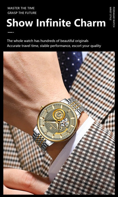 POEDAGAR Luxury Man Watch Stainless Steel Hollow Tourbillon Men Clock Luminous Mechanical Automatic Business Men's Watches Reloj