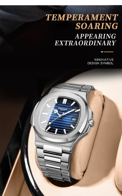 BINBOND sturdy stainless steel strap quartz wristwatches for men luxury luminous waterproof auto date accurate men's watch reloj
