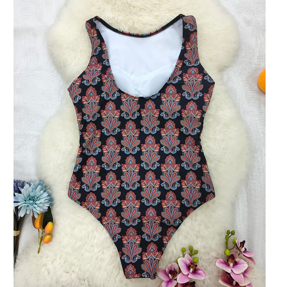 2026 New Printed One-piece Swimsuit Classic Printed Lace Up Swimsuit Women's Push Up Flower One-piece Suit Beach Wear For Female